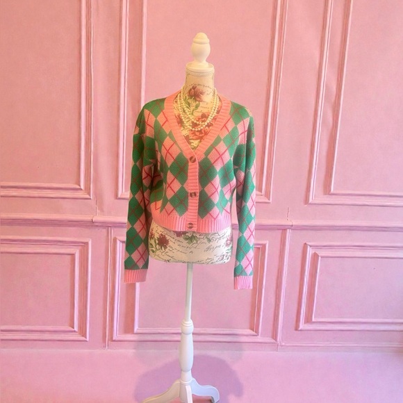 No Name Sweaters - Stylish Argyle Cardigan in Pink and Green